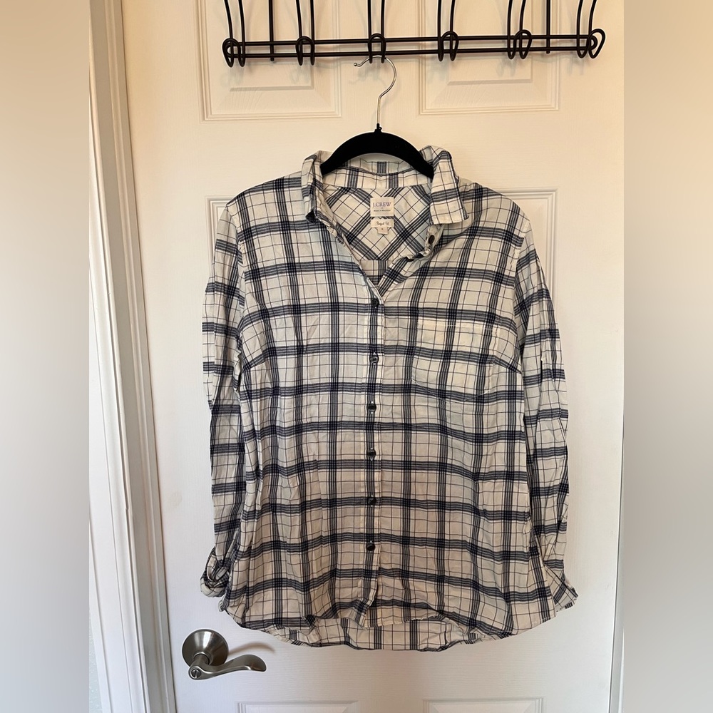 J. Crew Women’s Perfect Fit Flannel Button Down, Blue and White Plaid, Size M